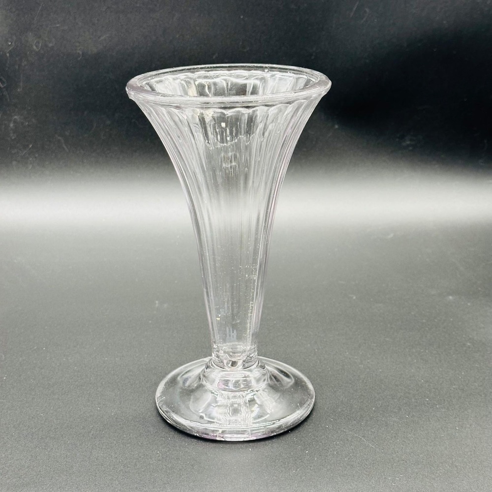 Vintage Clear Fluted Manganese Glass Bud Vase Ribbed Pedestal Trumpet 9"